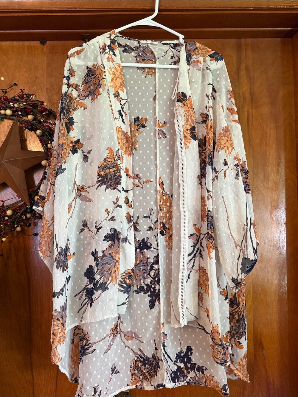 Maurices Cream Floral Sheer Kimono with Orange & Black Print